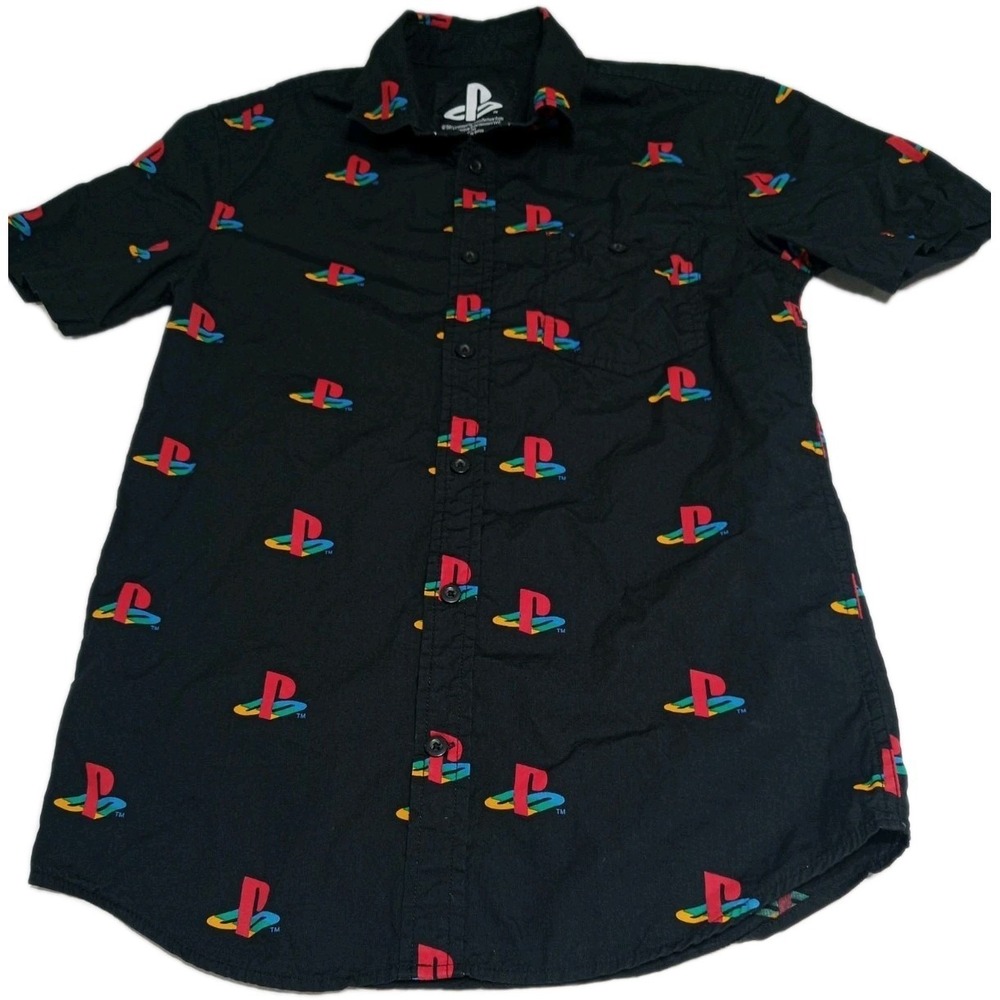 PlayStation Logo Button Down Shirt Mens Small Black All Over Print Gamer - Picture 2 of 8